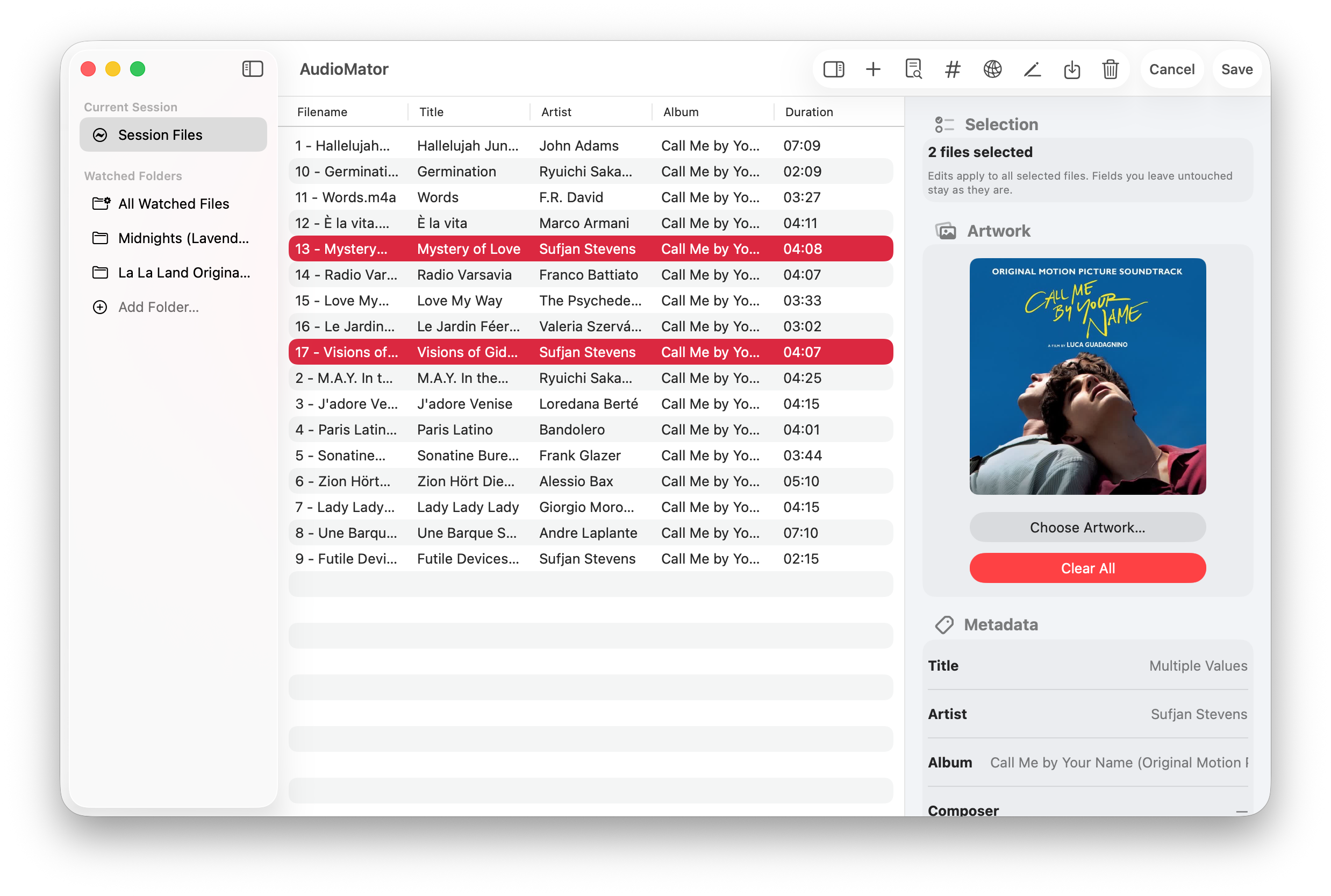 AudioMator main window showing the sidebar, track list, artwork panel, and metadata inspector.
