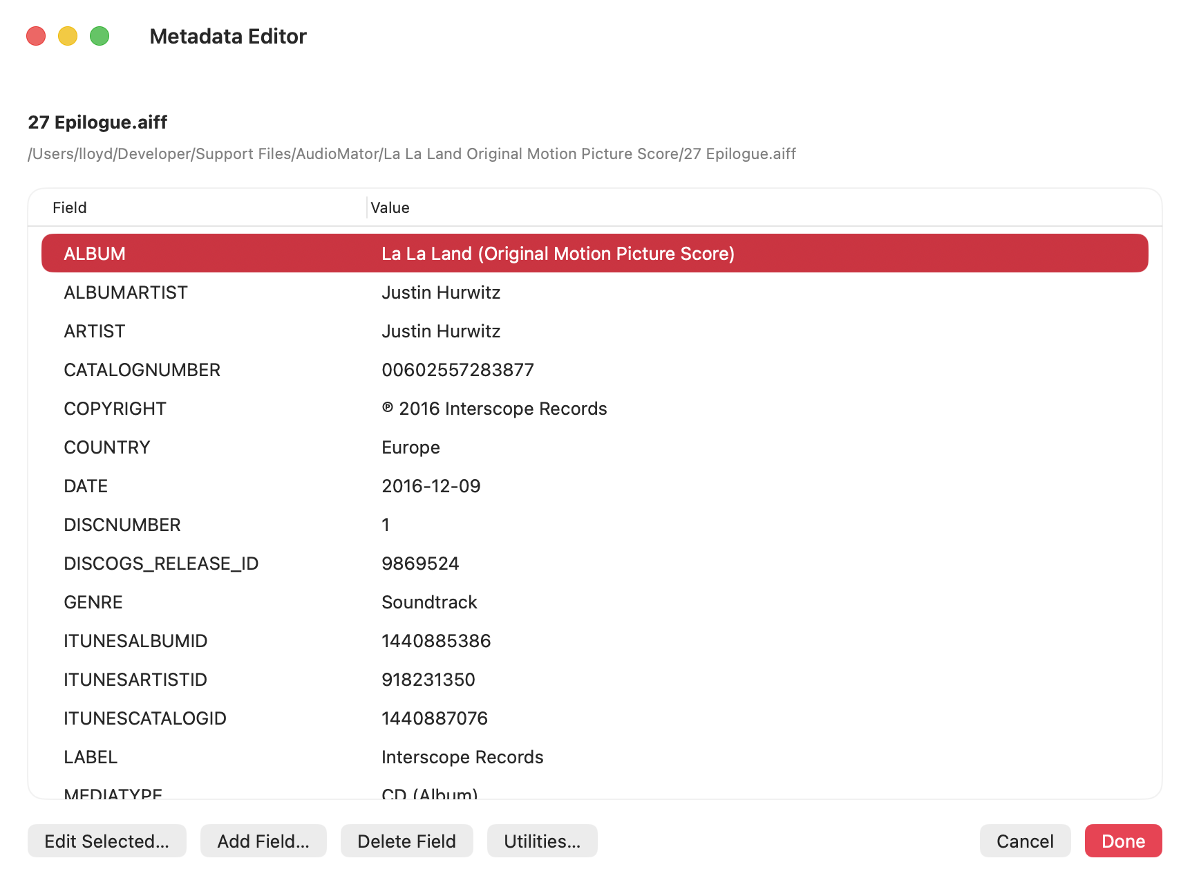 AudioMator Metadata Editor showing editable metadata fields in a native macOS window.