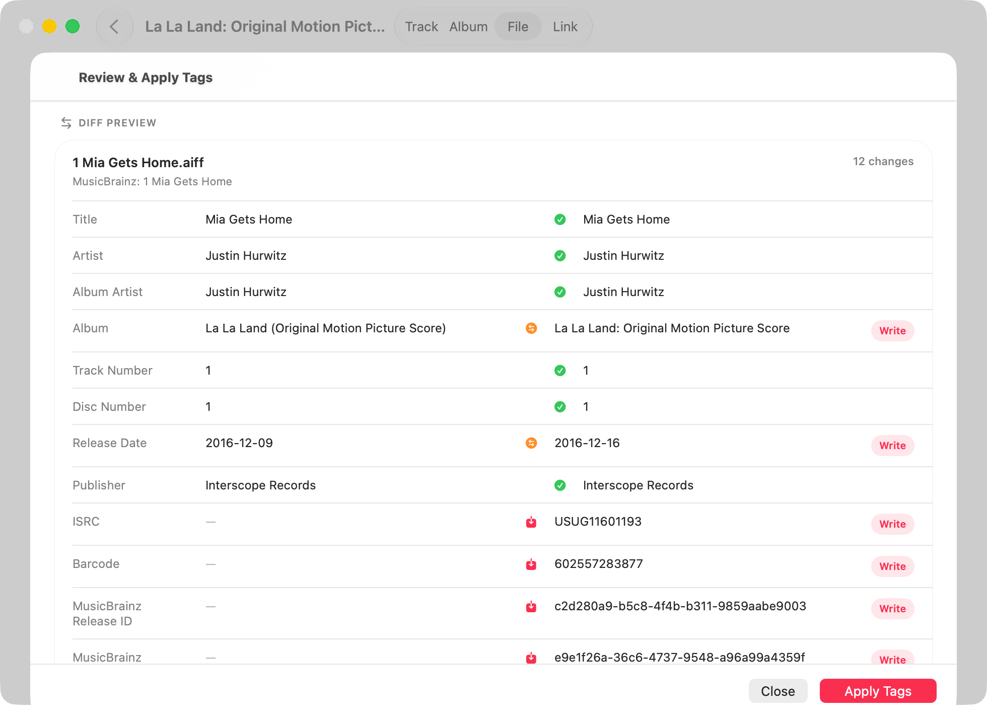 AudioMator online metadata lookup interface with search results.