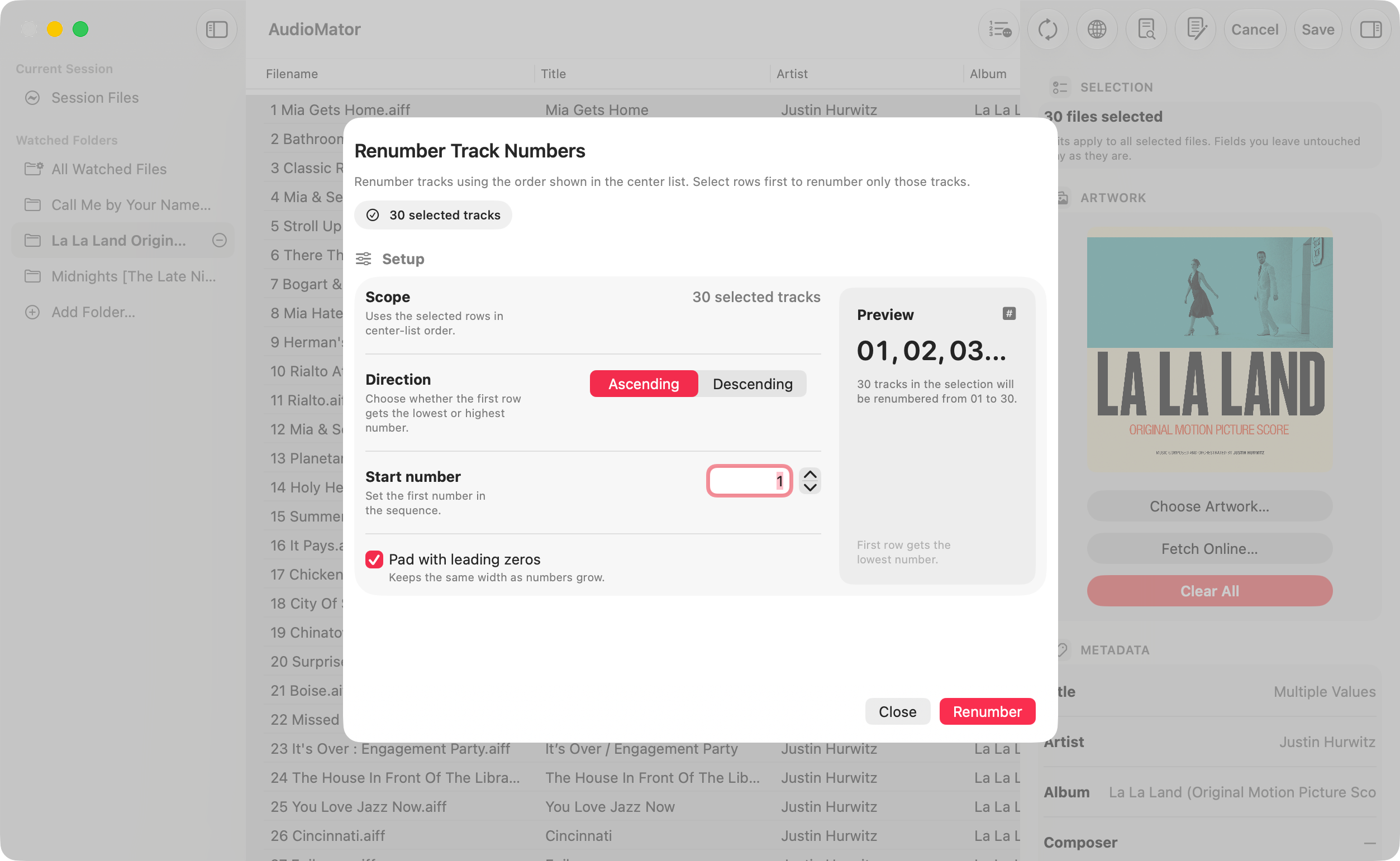 AudioMator renumber track numbers window with track ordering controls.