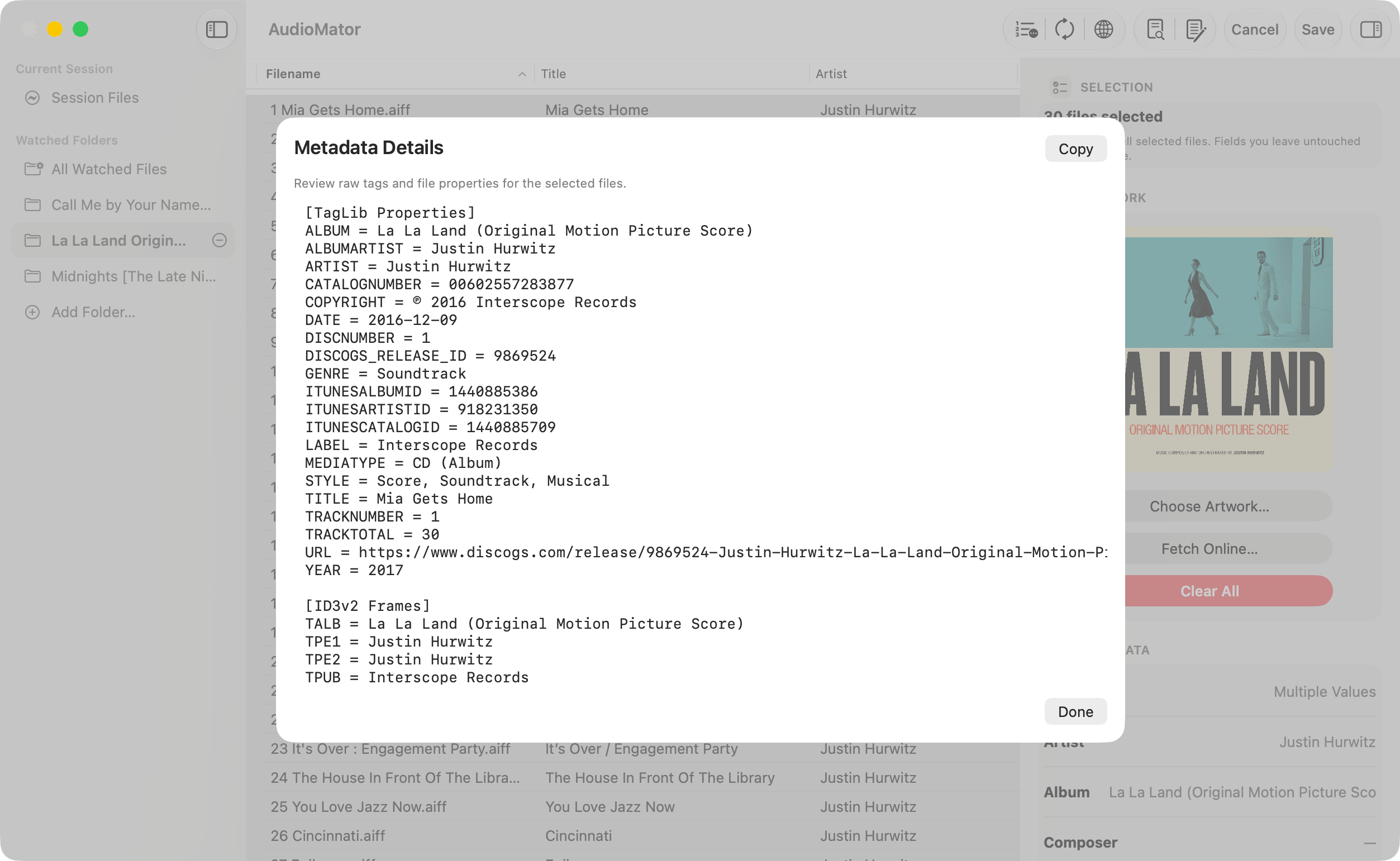 AudioMator Tag Inspector showing raw tag and file property values.